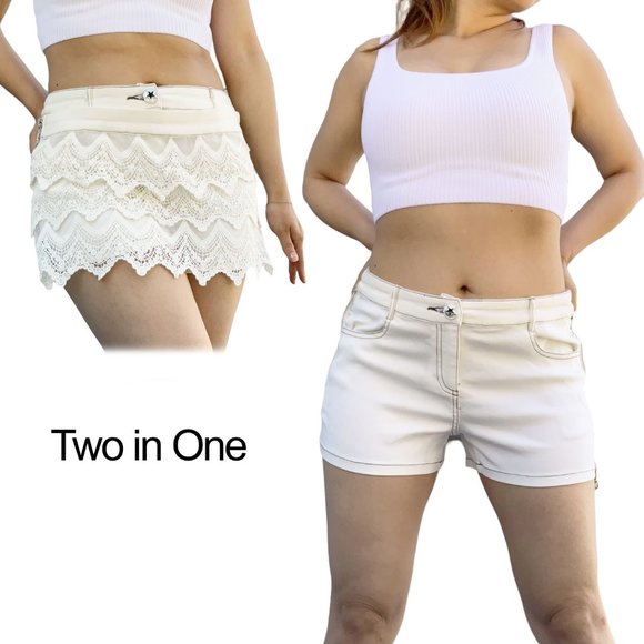 90s Off White Denim Skort Skirt Short Side Zippers Crochet Lace Trim Pockets M - Picture 1 of 8